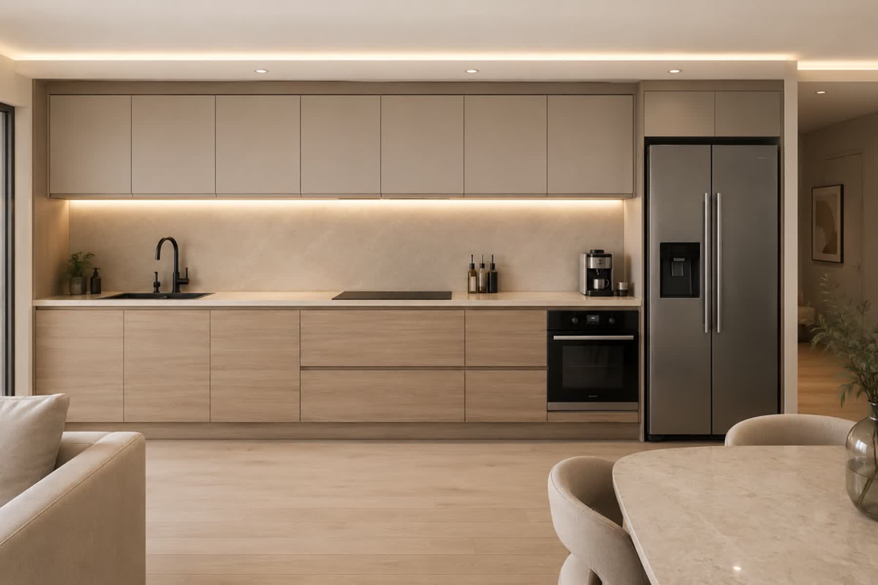 Cocina de mobiliario a medida, herrajes premium en madera cálida